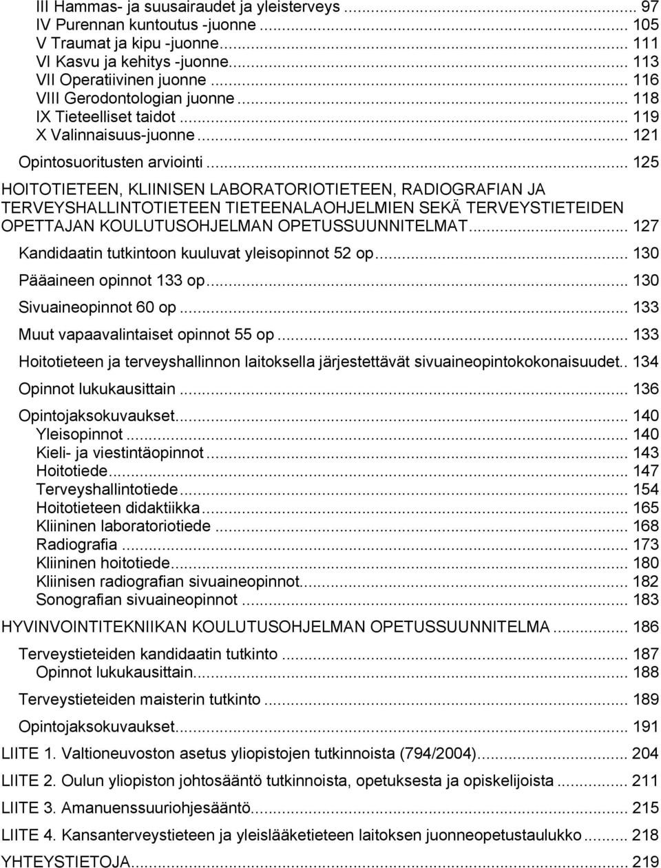 .. 125 HOITOTIETEEN, KLIINISEN LABORATORIOTIETEEN, RADIOGRAFIAN JA TERVEYSHALLINTOTIETEEN TIETEENALAOHJELMIEN SEKÄ TERVEYSTIETEIDEN OPETTAJAN KOULUTUSOHJELMAN OPETUSSUUNNITELMAT.