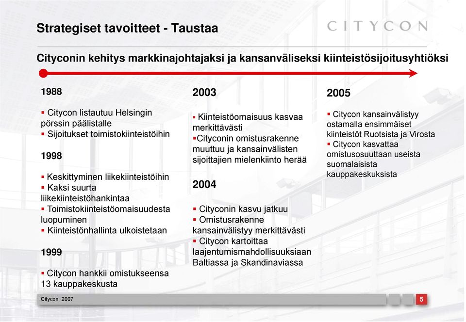 omistukseensa 13 kauppakeskustak k 2003 Kiinteistöomaisuus kasvaa merkittävästi Cityconin omistusrakenne muuttuu ja kansainvälisten sijoittajien mielenkiinto herää 2004 Cityconin kasvu jatkuu