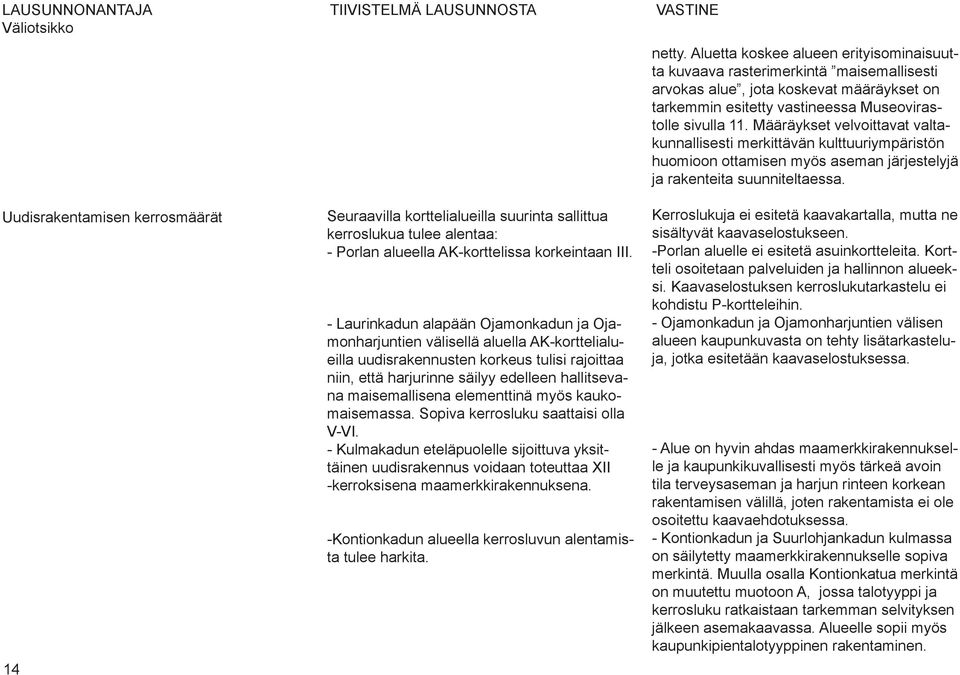 Uudisrakentamisen kerrosmäärät 14 Seuraavilla korttelialueilla suurinta sallittua kerroslukua tulee alentaa: - Porlan alueella AK-korttelissa korkeintaan III.