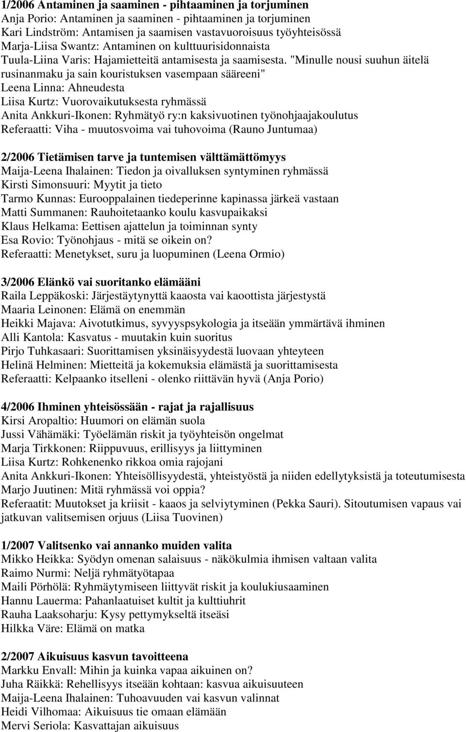 "Minulle nousi suuhun äitelä rusinanmaku ja sain kouristuksen vasempaan sääreeni" Leena Linna: Ahneudesta Liisa Kurtz: Vuorovaikutuksesta ryhmässä Anita Ankkuri-Ikonen: Ryhmätyö ry:n kaksivuotinen