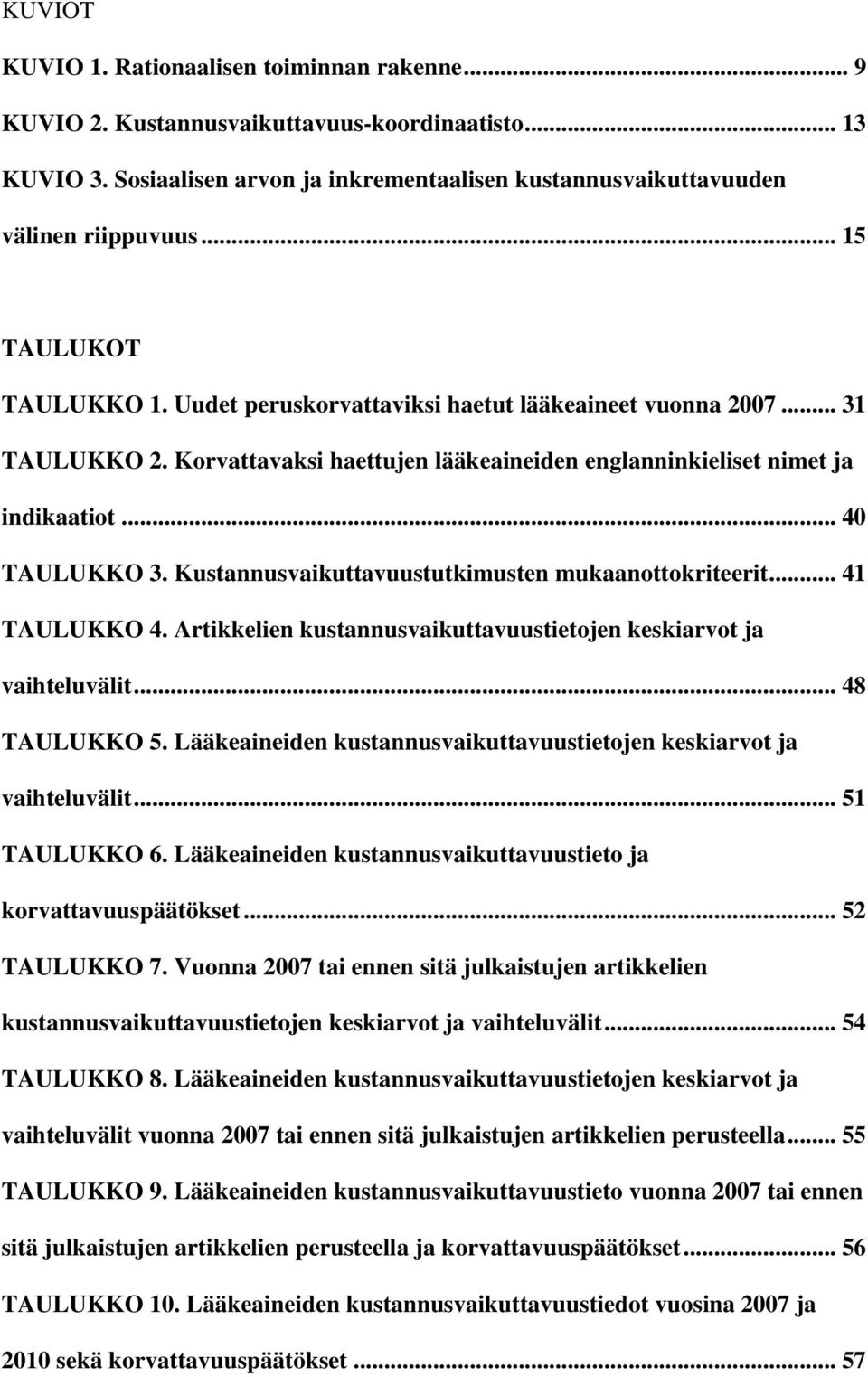 Kustannusvaikuttavuustutkimusten mukaanottokriteerit... 41 TAULUKKO 4. Artikkelien kustannusvaikuttavuustietojen keskiarvot ja vaihteluvälit... 48 TAULUKKO 5.