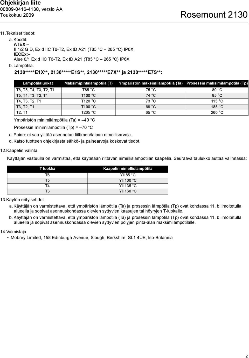 Lämpötila: 2130*****E1X**, 2130*****E1S**, 2130*****E7X** ja 2130*****E7S**: Lämpötilaluokat Maksimipintalämpötila (T) Ympäristön maksimilämpötila (Ta) Prosessin maksimilämpötila (Tp) T6, T5, T4, T3,