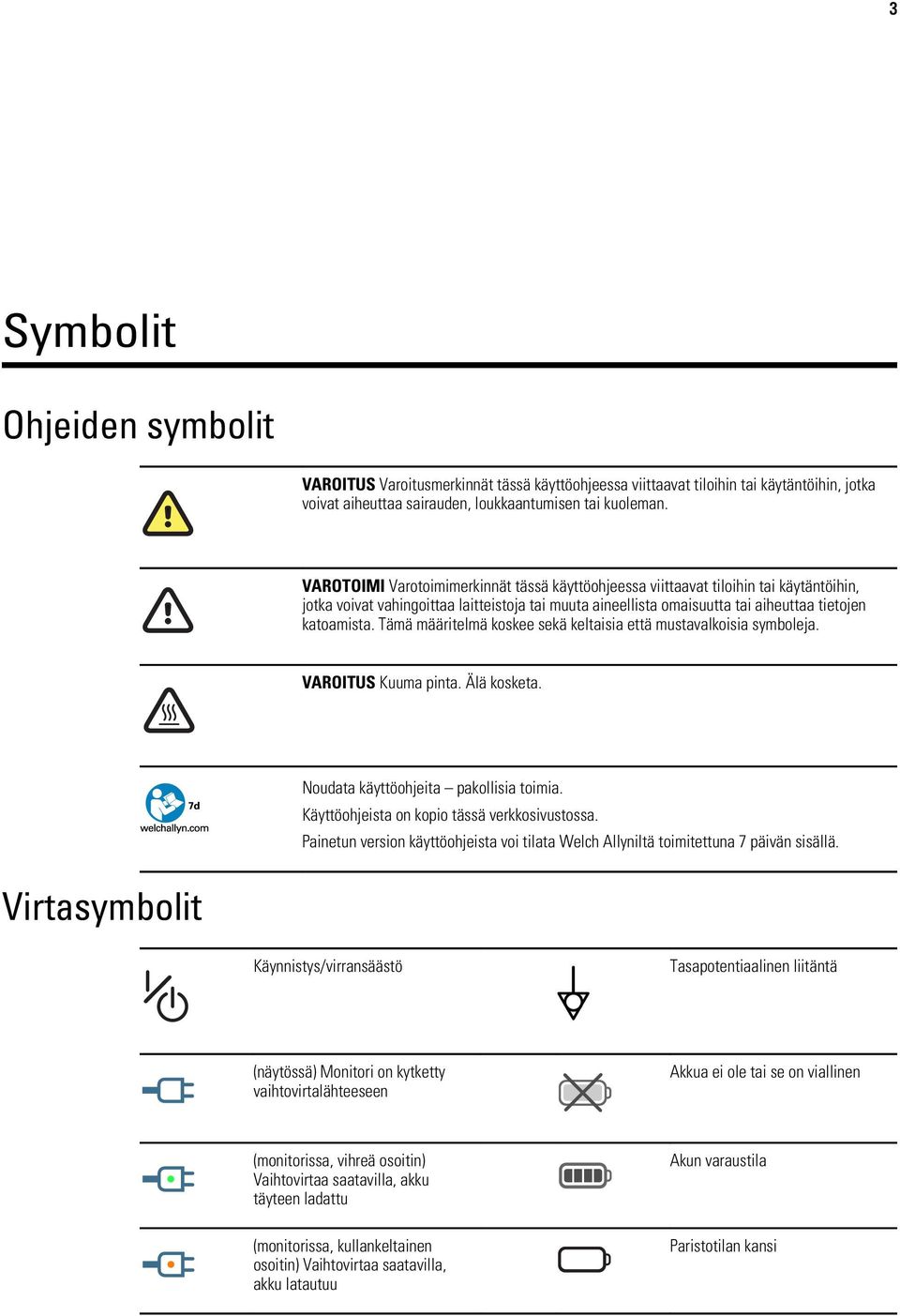 Tämä määritelmä koskee sekä keltaisia että mustavalkoisia symboleja. VAROITUS Kuuma pinta. Älä kosketa. Noudata käyttöohjeita pakollisia toimia. Käyttöohjeista on kopio tässä verkkosivustossa.