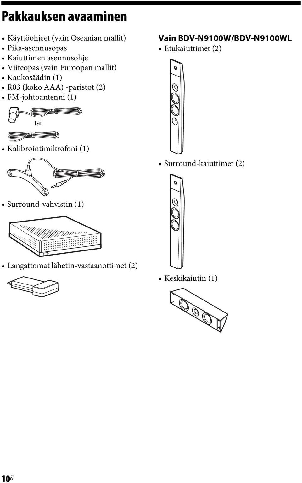 FM-johtoantenni (1) Vain BDV-N9100W/BDV-N9100WL Etukaiuttimet (2) tai Kalibrointimikrofoni (1)