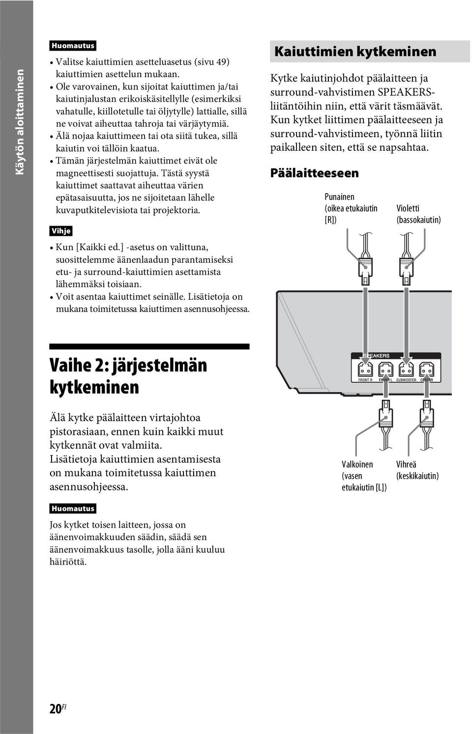 Älä nojaa kaiuttimeen tai ota siitä tukea, sillä kaiutin voi tällöin kaatua. Tämän järjestelmän kaiuttimet eivät ole magneettisesti suojattuja.