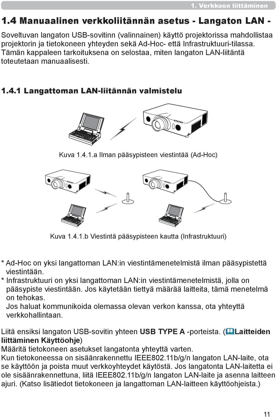 Infrastruktuuri-tilassa. Tämän kappaleen tarkoituksena on selostaa, miten langaton LAN-liitäntä toteutetaan manuaalisesti. 1.4.1 Langattoman LAN-liitännän valmistelu Kuva 1.4.1.a Ilman pääsypisteen viestintää (Ad-Hoc) Kuva 1.