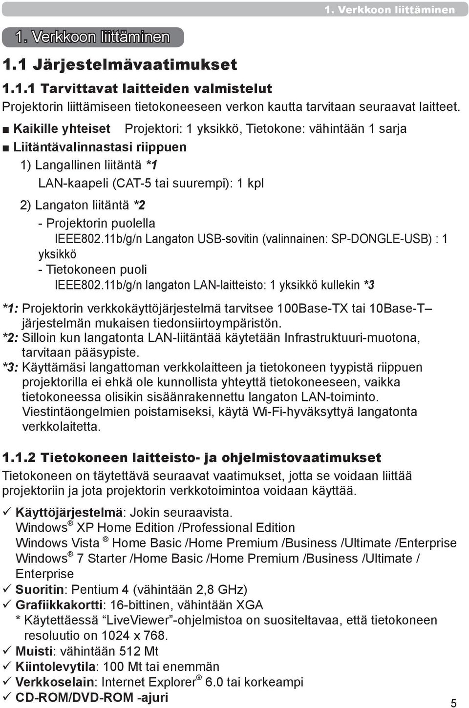 Projektorin puolella IEEE802.11b/g/n Langaton USB-sovitin (valinnainen: SP-DONGLE-USB) : 1 yksikkö - Tietokoneen puoli IEEE802.