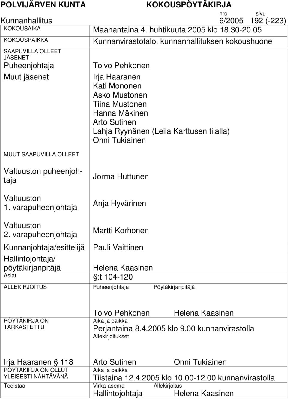 Tiina Mustonen Hanna Mäkinen Arto Sutinen Lahja Ryynänen (Leila Karttusen tilalla) Onni Tukiainen n puheenjohtaja n 1. varapuheenjohtaja Jorma Huttunen Anja Hyvärinen n 2.