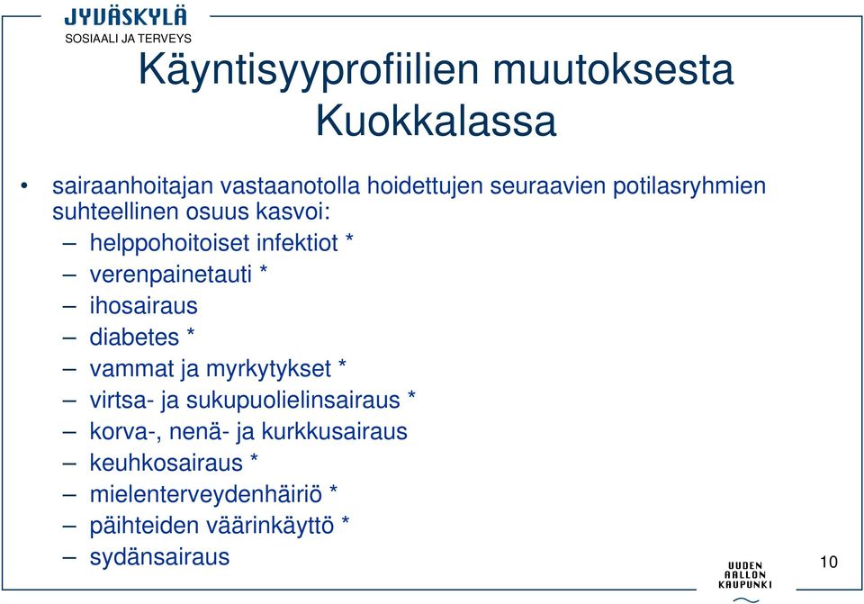 verenpainetauti * ihosairaus diabetes * vammat ja myrkytykset * virtsa- ja