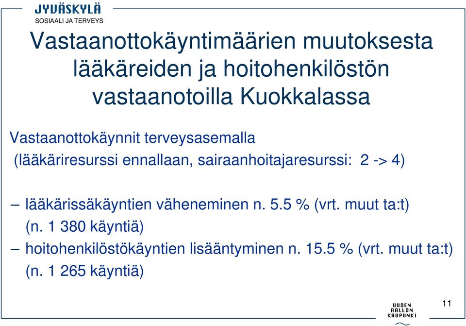 sairaanhoitajaresurssi: 2 -> 4) lääkärissäkäyntien väheneminen n. 5.5 % (vrt.