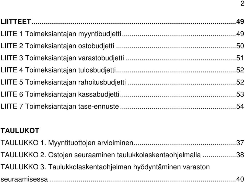 ..52 LIITE 5 Toimeksiantajan rahoitusbudjetti...52 LIITE 6 Toimeksiantajan kassabudjetti...53 LIITE 7 Toimeksiantajan tase-ennuste.