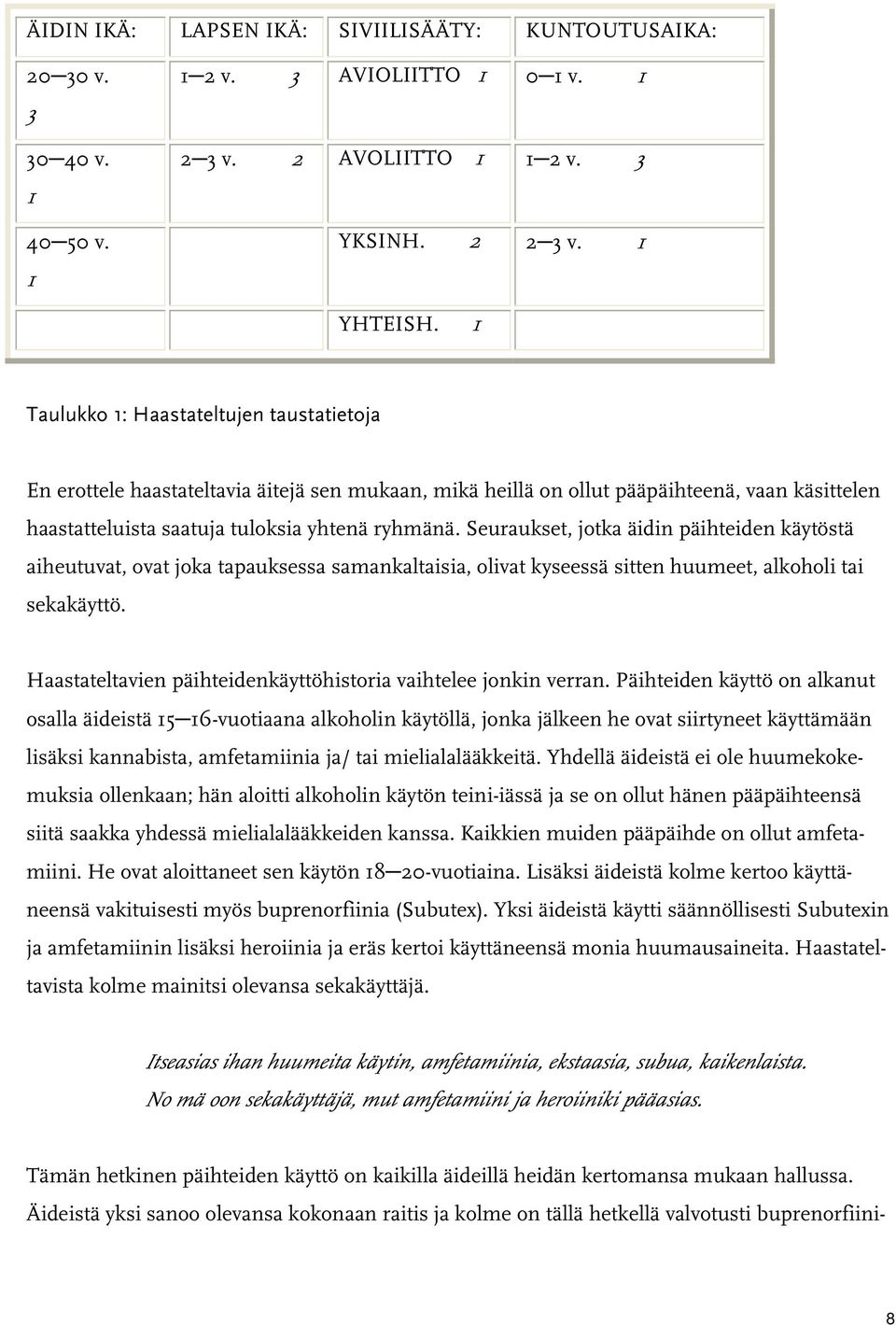 Seuraukset, jotka äidin päihteiden käytöstä aiheutuvat, ovat joka tapauksessa samankaltaisia, olivat kyseessä sitten huumeet, alkoholi tai sekakäyttö.