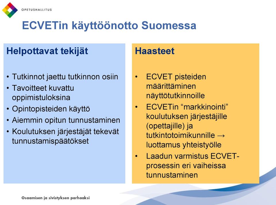 tunnustamispäätökset ECVET pisteiden määrittäminen näyttötutkinnoille ECVETin markkinointi koulutuksen