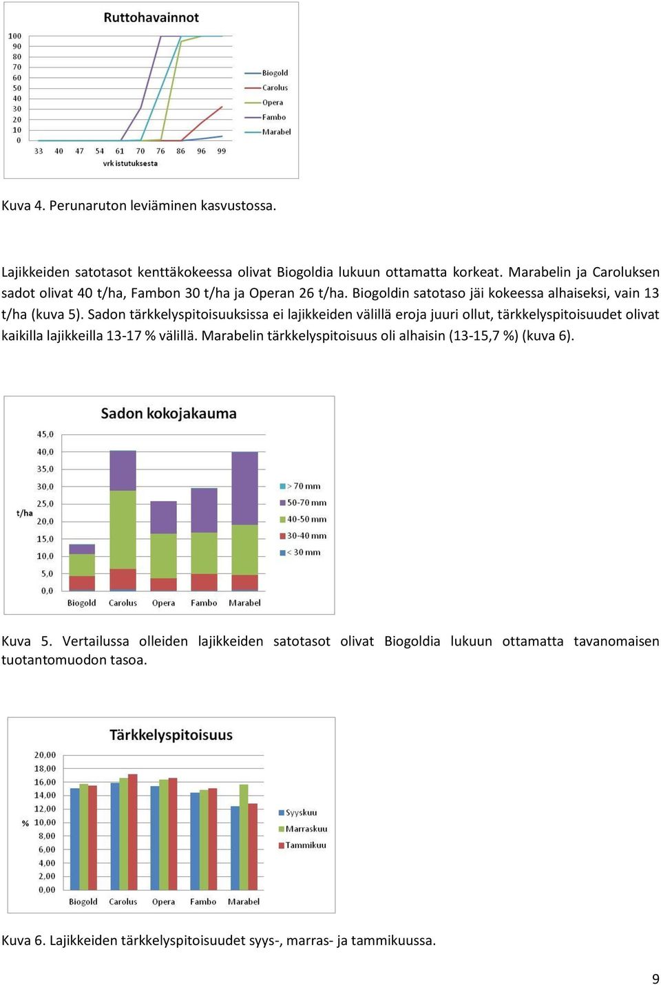 Sadon tärkkelyspitoisuuksissa ei lajikkeiden välillä eroja juuri ollut, tärkkelyspitoisuudet olivat kaikilla lajikkeilla 13-17 % välillä.