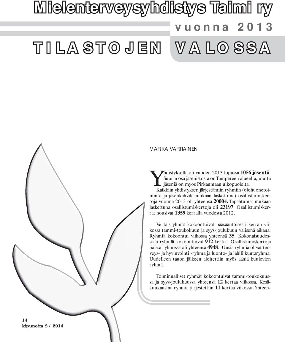 Kaikkiin yhdistyksen järjestämiin ryhmiin (olohuonetoiminta ja jäsenkahvila mukaan laskettuna) osallistumiskertoja vuonna 2013 oli yhteensä 20004.