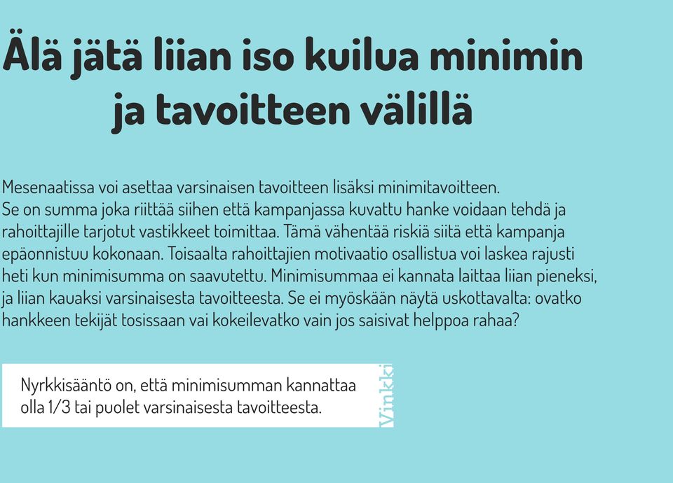 Tämä vähentää riskiä siitä että kampanja epäonnistuu kokonaan. Toisaalta rahoittajien motivaatio osallistua voi laskea rajusti heti kun minimisumma on saavutettu.