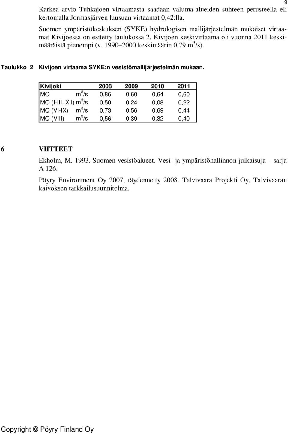 199 2 keskimäärin,79 m 3 /s). 9 Taulukko 2 Kivijoen virtaama SYKE:n vesistömallijärjestelmän mukaan.