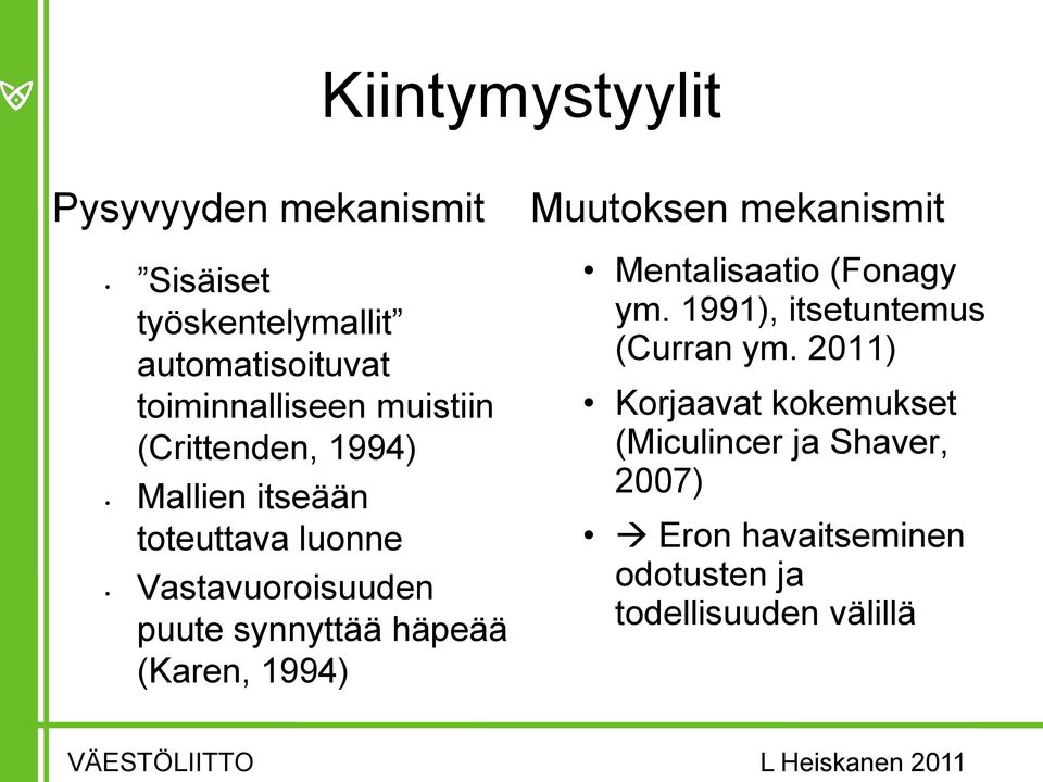 (Karen, 1994) Muutoksen mekanismit Mentalisaatio (Fonagy ym. 1991), itsetuntemus (Curran ym.