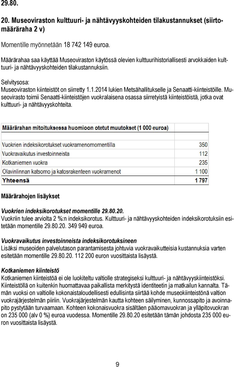 1.2014 lukien Metsähallitukselle ja Senaatti-kiinteistöille. Museovirasto toimii Senaatti-kiinteistöjen vuokralaisena osassa siirretyistä kiinteistöistä, jotka ovat kulttuuri- ja nähtävyyskohteita.