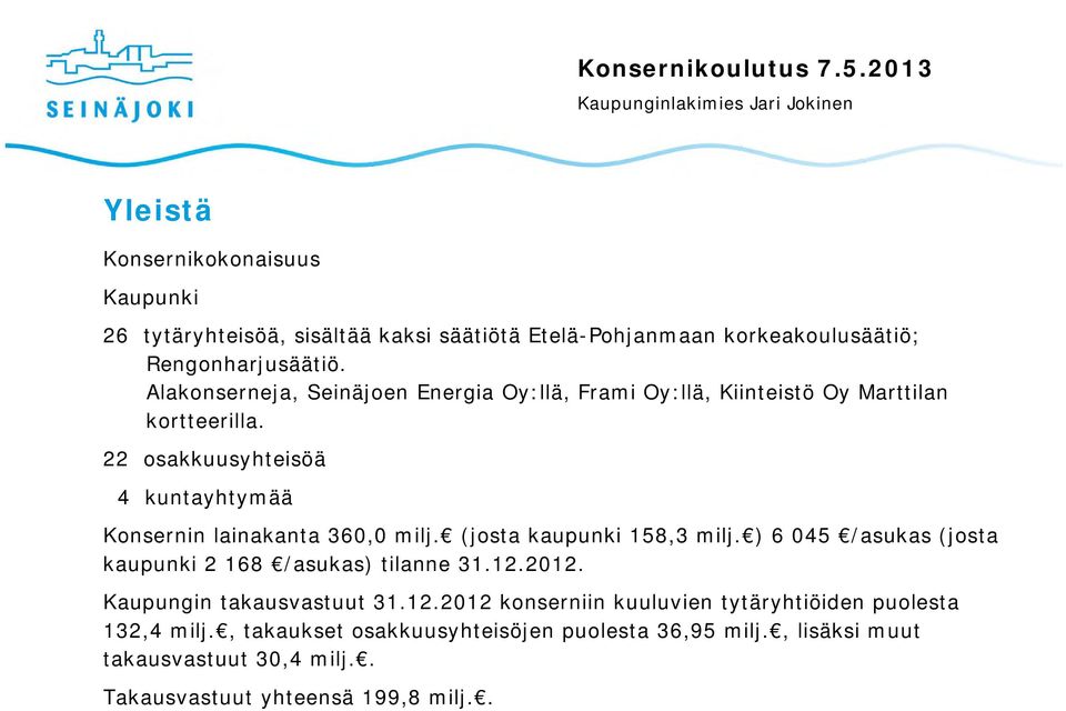 22 osakkuusyhteisöä 4 kuntayhtymää Konsernin lainakanta 360,0 milj. (josta kaupunki 158,3 milj.