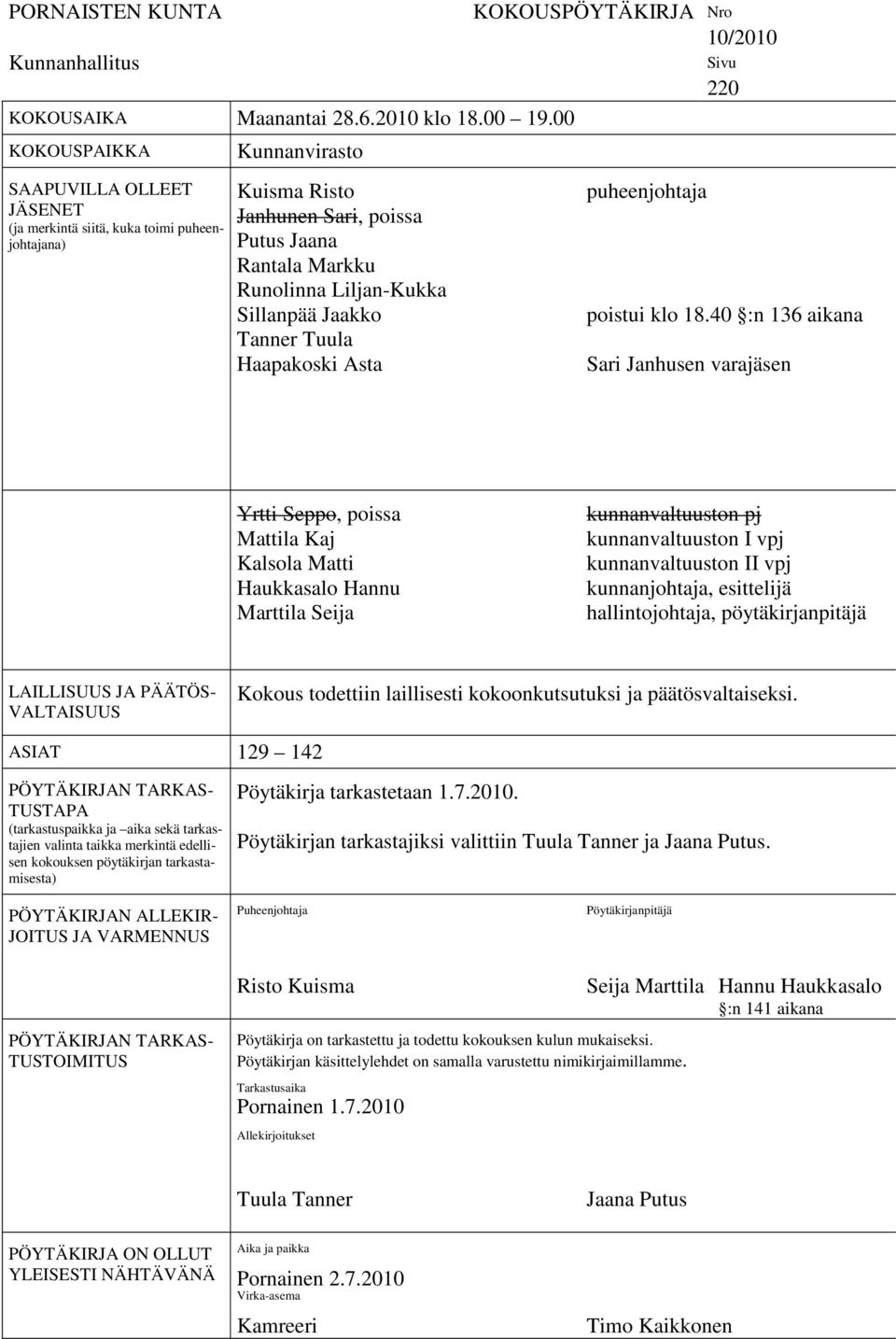 Jaakko Tanner Tuula Haapakoski Asta KOKOUSPÖYTÄKIRJA Nro 10/2010 puheenjohtaja Sivu 220 poistui klo 18.