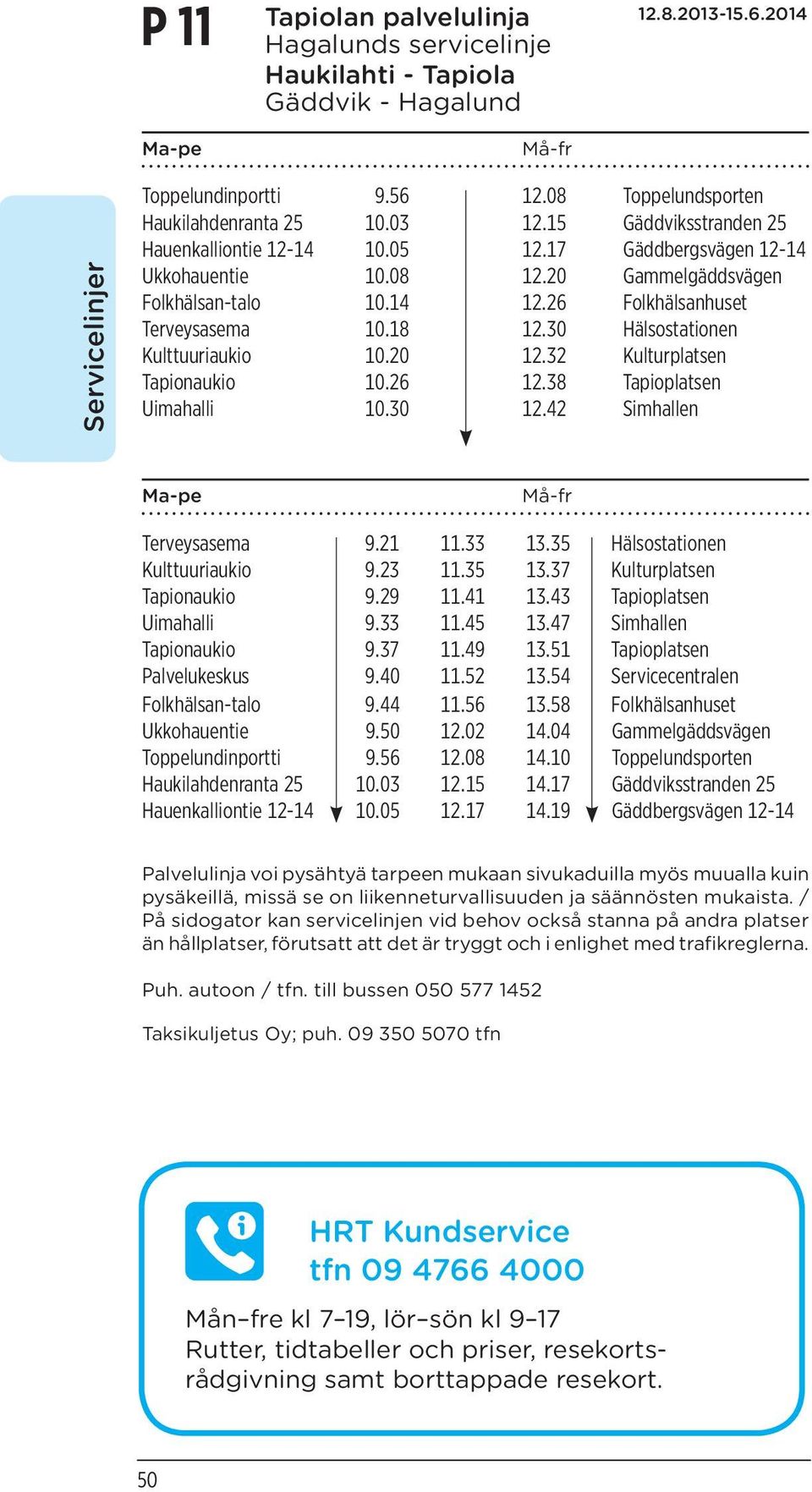 30 Hälsostationen Kulttuuriaukio 10.20 12.32 Kulturplatsen Tapionaukio 10.26 12.38 Tapioplatsen Uimahalli 10.30 12.42 Simhallen Terveysasema 9.21 11.33 13.35 Hälsostationen Kulttuuriaukio 9.23 11.