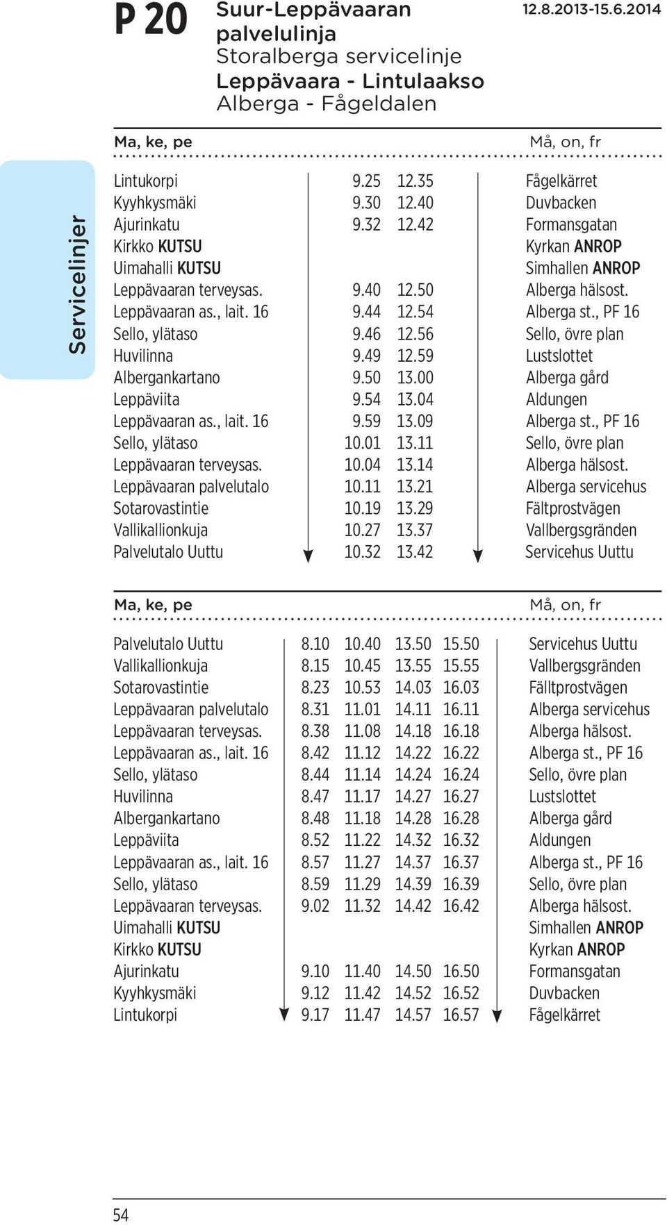 54 Alberga st., PF 16 Sello, ylätaso 9.46 12.56 Sello, övre plan Huvilinna 9.49 12.59 Lustslottet Albergankartano 9.50 13.00 Alberga gård Leppäviita 9.54 13.04 Aldungen Leppävaaran as., lait. 16 9.