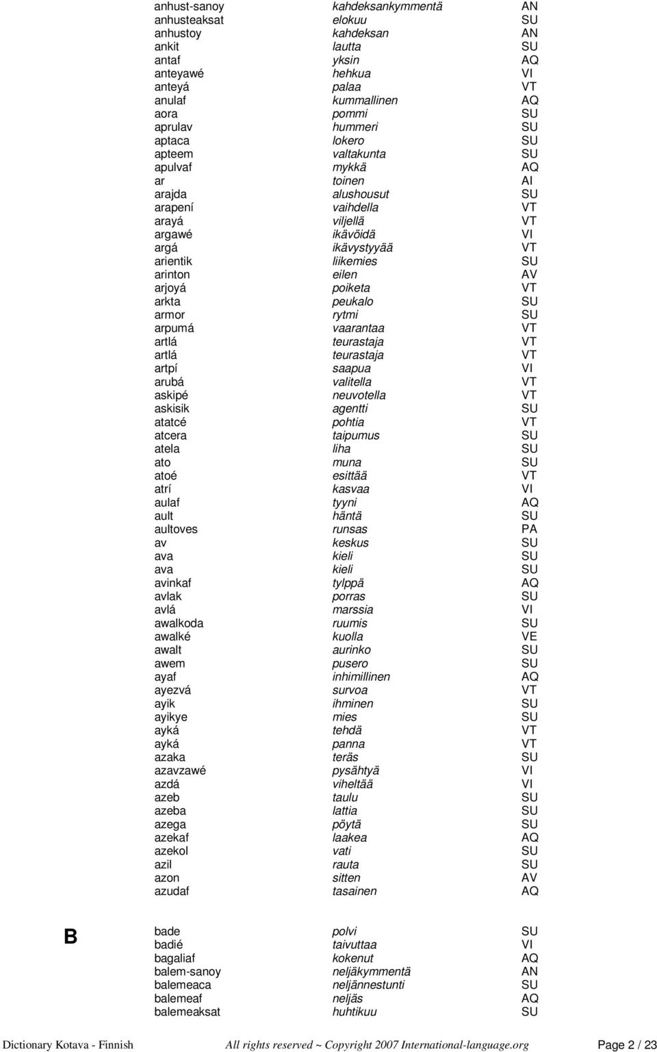 eilen AV arjoyá poiketa VT arkta peukalo SU armor rytmi SU arpumá vaarantaa VT artlá teurastaja VT artlá teurastaja VT artpí saapua VI arubá valitella VT askipé neuvotella VT askisik agentti SU