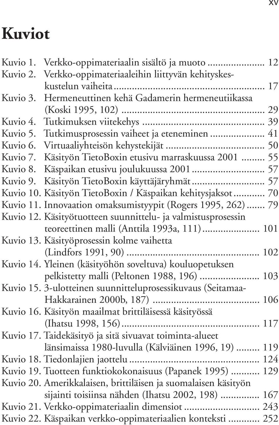 Virtuaaliyhteisön kehystekijät... 50 Kuvio 7. Käsityön TietoBoxin etusivu marraskuussa 2001... 55 Kuvio 8. Käspaikan etusivu joulukuussa 2001... 57 Kuvio 9. Käsityön TietoBoxin käyttäjäryhmät.