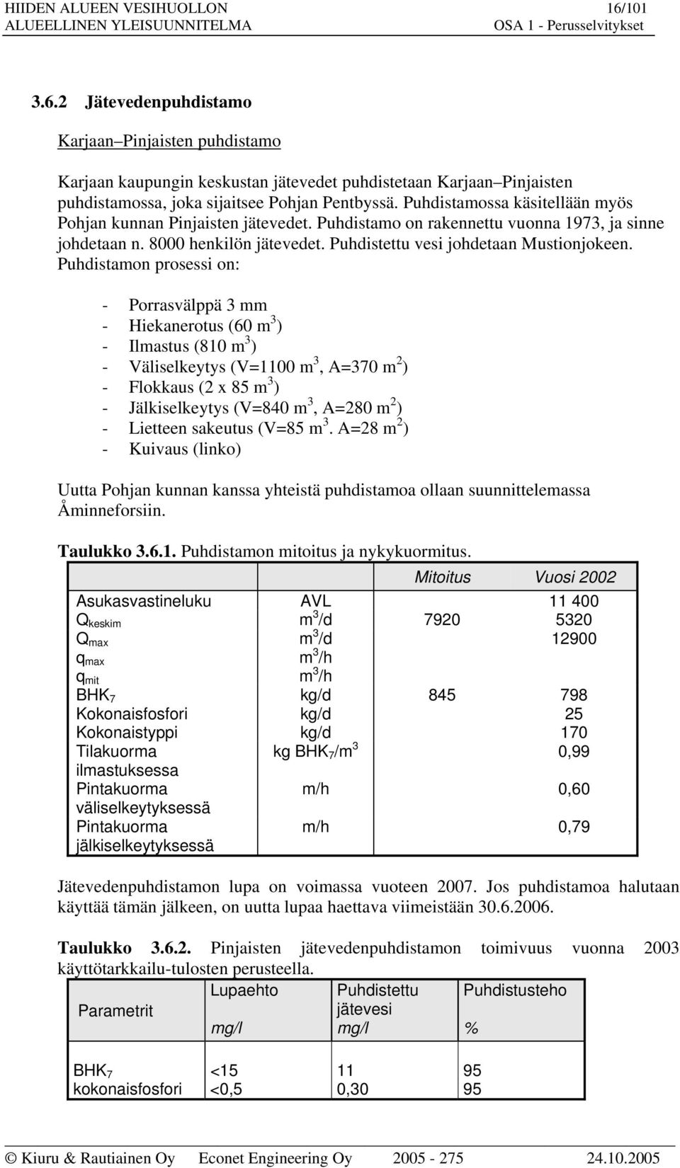 Puhdistamon prosessi on: - Porrasvälppä 3 mm - Hiekanerotus (6 m 3 ) - Ilmastus (81 m 3 ) - Väliselkeytys (V=11 m 3, A=37 m 2 ) - Flokkaus (2 x 85 m 3 ) - Jälkiselkeytys (V=84 m 3, A=28 m 2 ) -