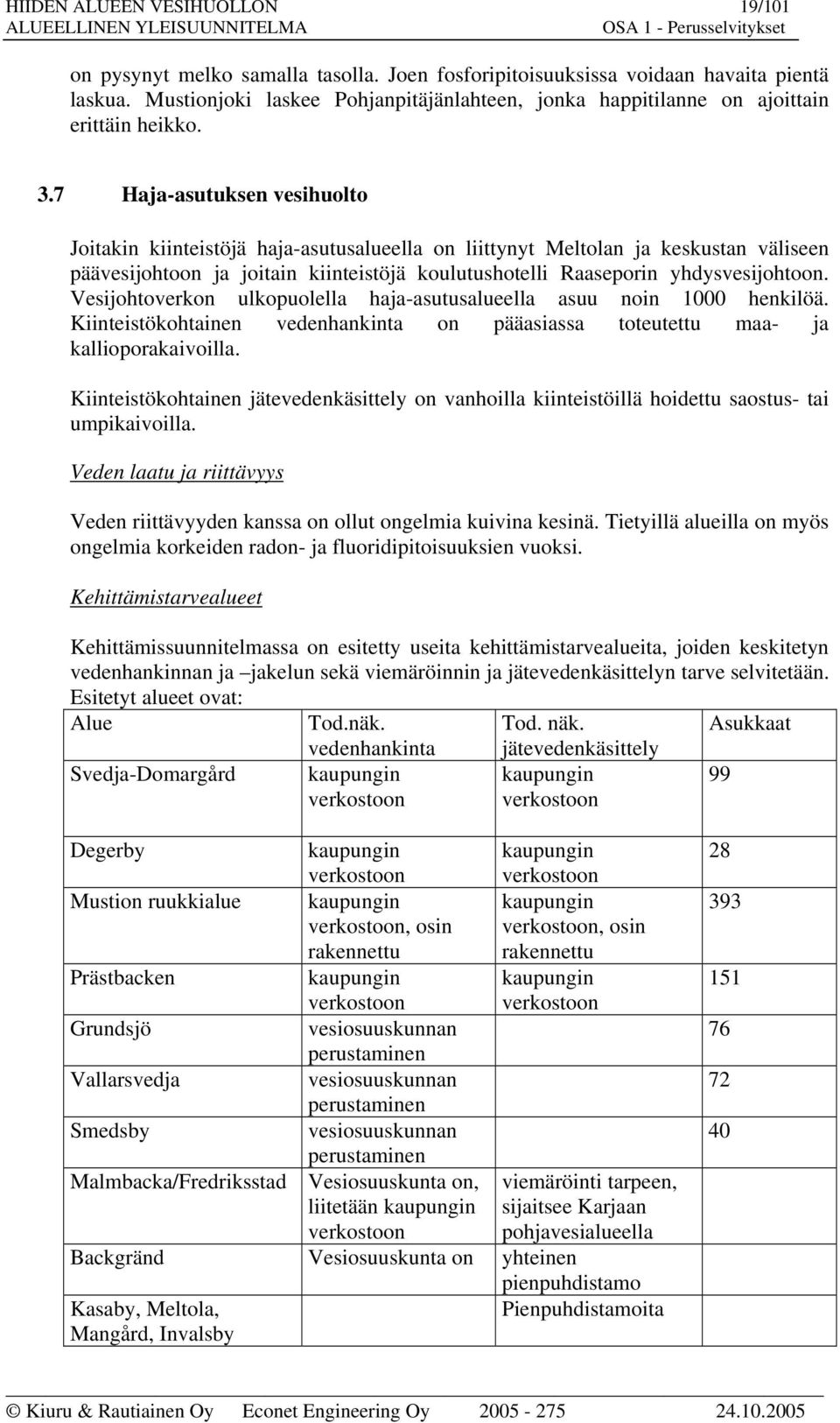 7 Haja-asutuksen vesihuolto Joitakin kiinteistöjä haja-asutusalueella on liittynyt Meltolan ja keskustan väliseen päävesijohtoon ja joitain kiinteistöjä koulutushotelli Raaseporin yhdysvesijohtoon.