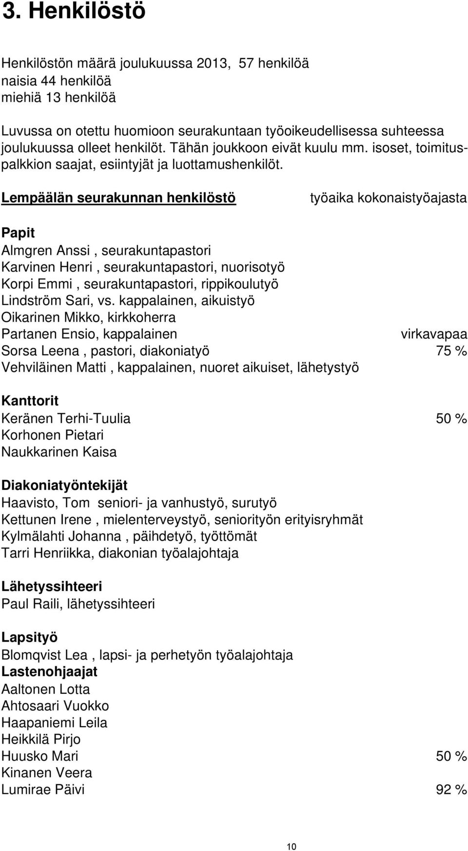 Lempäälän seurakunnan henkilöstö työaika kokonaistyöajasta Papit Almgren Anssi, seurakuntapastori Karvinen Henri, seurakuntapastori, nuorisotyö Korpi Emmi, seurakuntapastori, rippikoulutyö Lindström