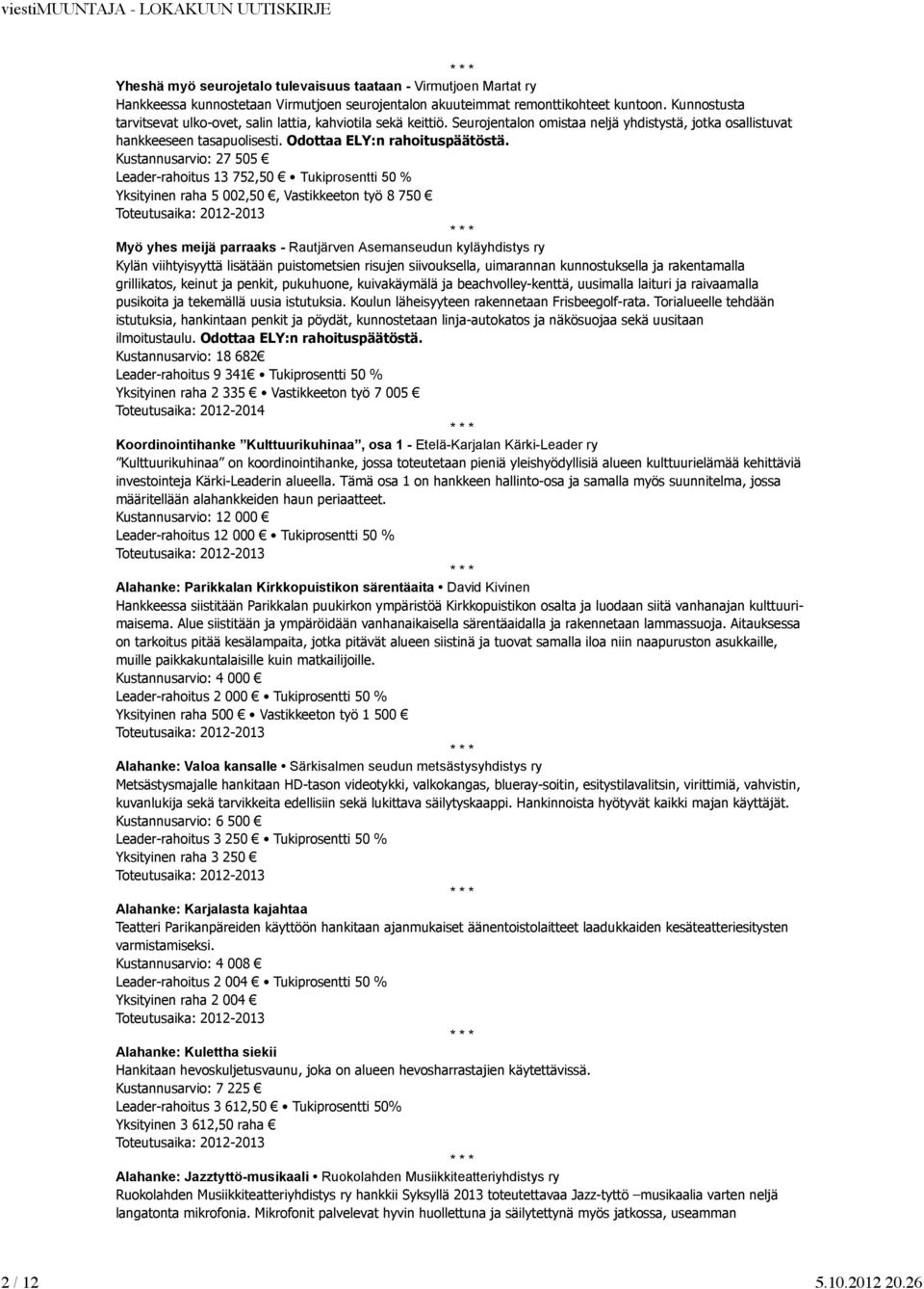 Kustannusarvio: 27 505 Leader-rahoitus 13 752,50 Tukiprosentti 50 % Yksityinen raha 5 002,50, Vastikkeeton työ 8 750 Myö yhes meijä parraaks - Rautjärven Asemanseudun kyläyhdistys ry Kylän