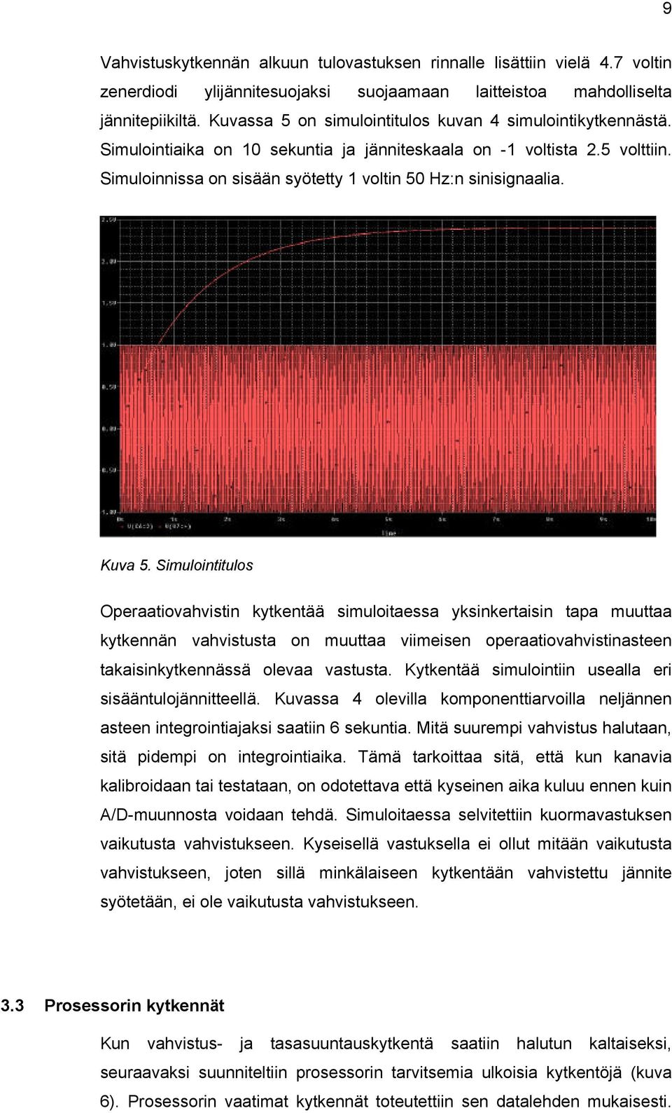 Kuva 5. Simulointitulos Operaatiovahvistin kytkentää simuloitaessa yksinkertaisin tapa muuttaa kytkennän vahvistusta on muuttaa viimeisen operaatiovahvistinasteen takaisinkytkennässä olevaa vastusta.