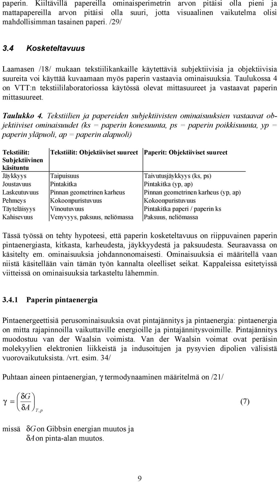 Taulukossa 4 on VTT:n tekstiililaboratoriossa käytössä olevat mittasuureet ja vastaavat paperin mittasuureet. Taulukko 4.