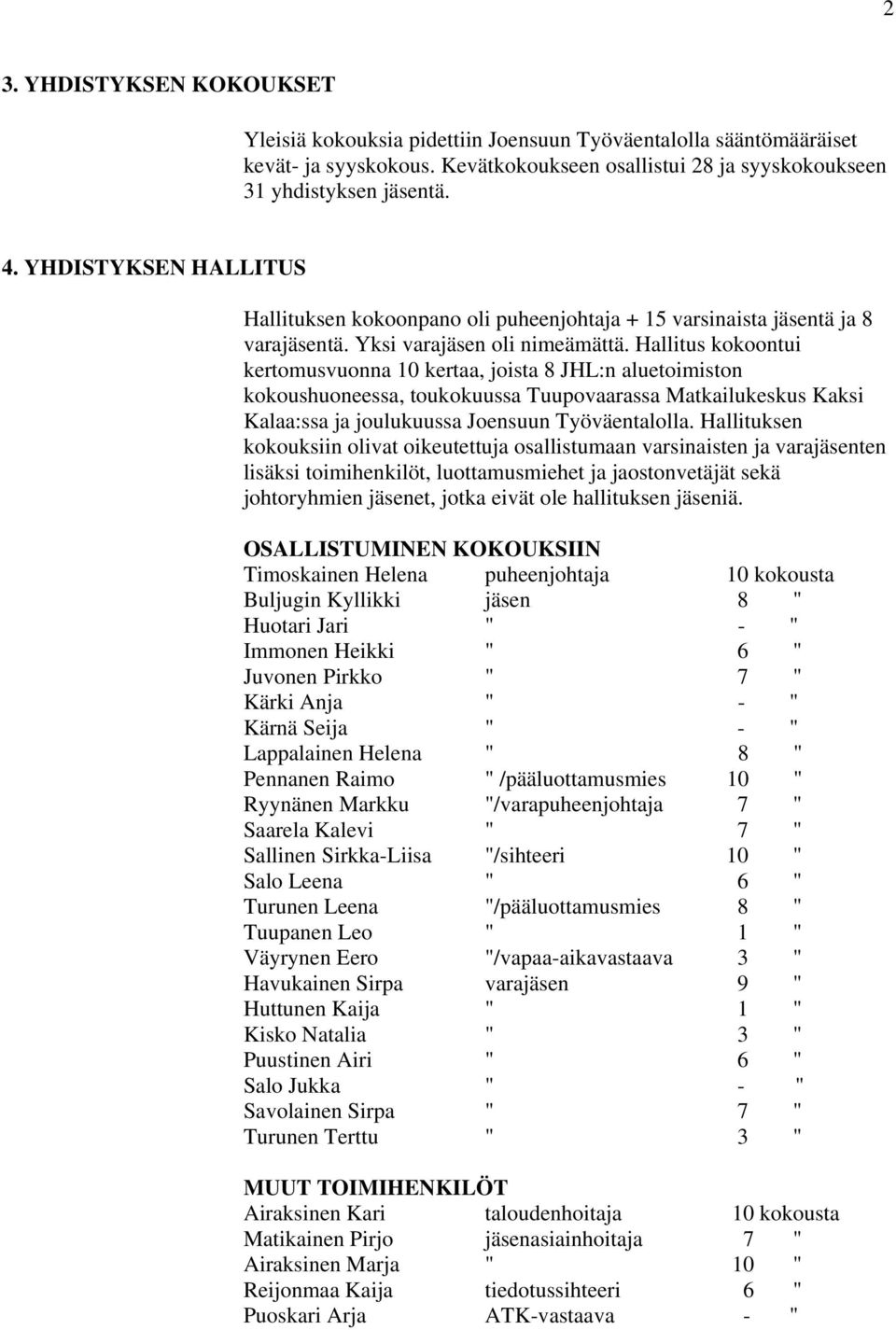 Hallitus kokoontui kertomusvuonna 10 kertaa, joista 8 JHL:n aluetoimiston kokoushuoneessa, toukokuussa Tuupovaarassa Matkailukeskus Kaksi Kalaa:ssa ja joulukuussa Joensuun Työväentalolla.