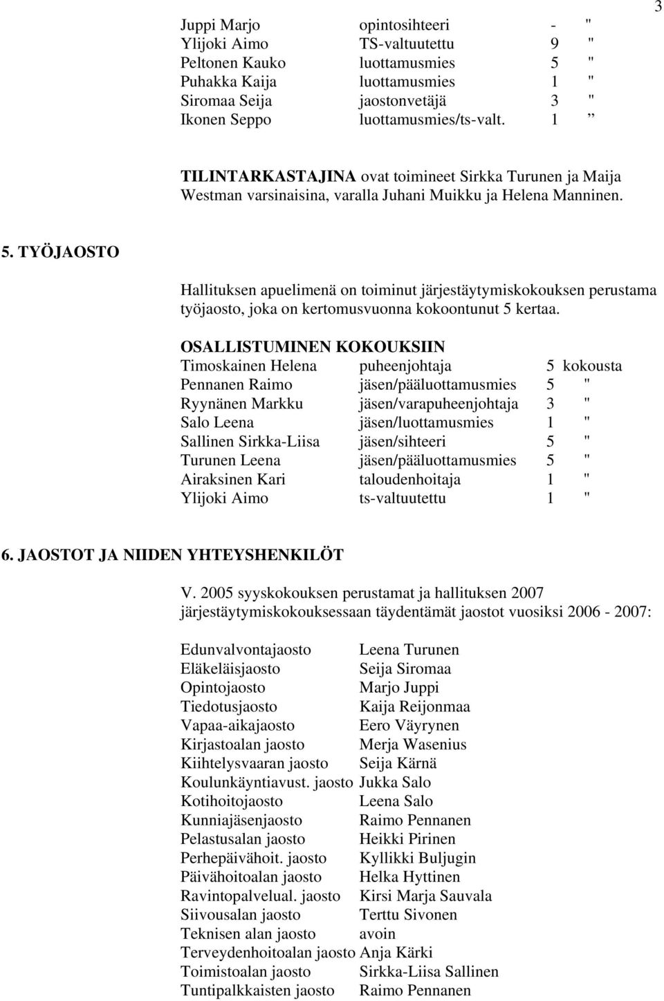 TYÖJAOSTO Hallituksen apuelimenä on toiminut järjestäytymiskokouksen perustama työjaosto, joka on kertomusvuonna kokoontunut 5 kertaa.