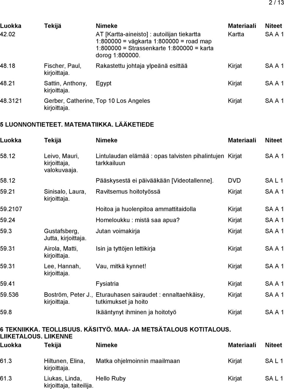 Lintulaudan elämää : opas talvisten pihalintujen tarkkailuun 58.12 Pääskysestä ei päivääkään [Videotallenne]. DVD SA L 1 59.21 Sinisalo, Laura, Ravitsemus hoitotyössä 59.