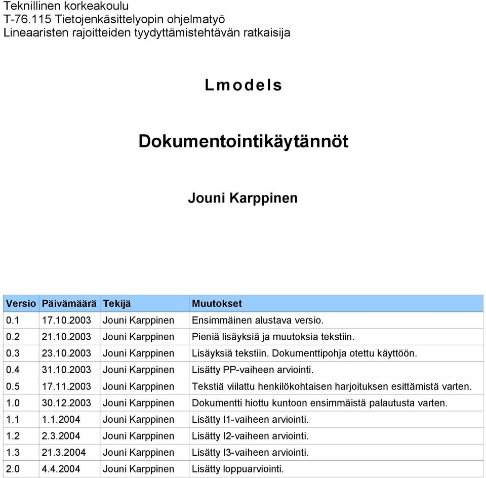 2003 Jouni Karppinen Ensimmäinen alustava versio. 0.2 21.10.2003 Jouni Karppinen Pieniä lisäyksiä ja muutoksia tekstiin. 0.3 23.10.2003 Jouni Karppinen Lisäyksiä tekstiin.