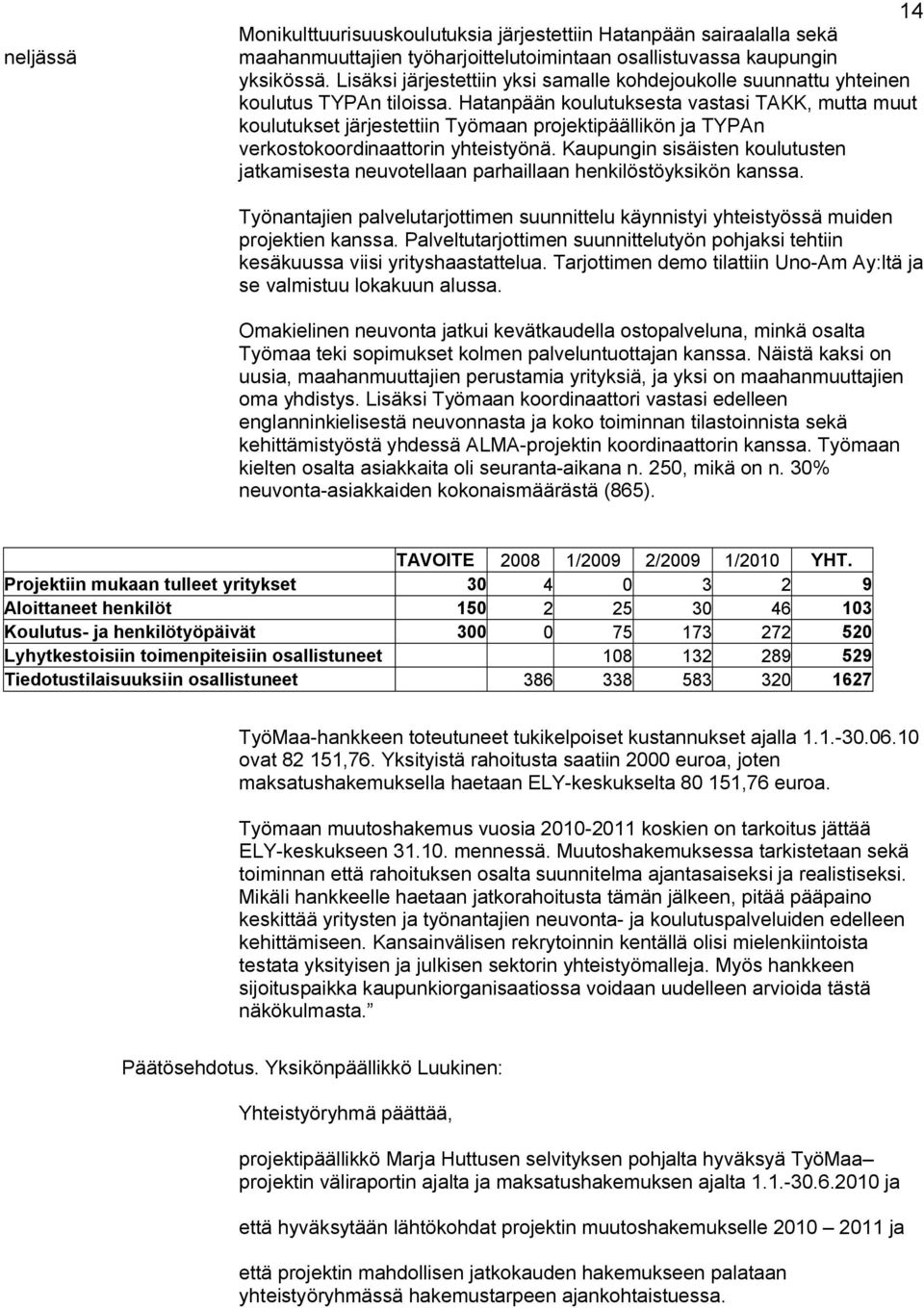 Hatanpään koulutuksesta vastasi TAKK, mutta muut koulutukset järjestettiin Työmaan projektipäällikön ja TYPAn verkostokoordinaattorin yhteistyönä.