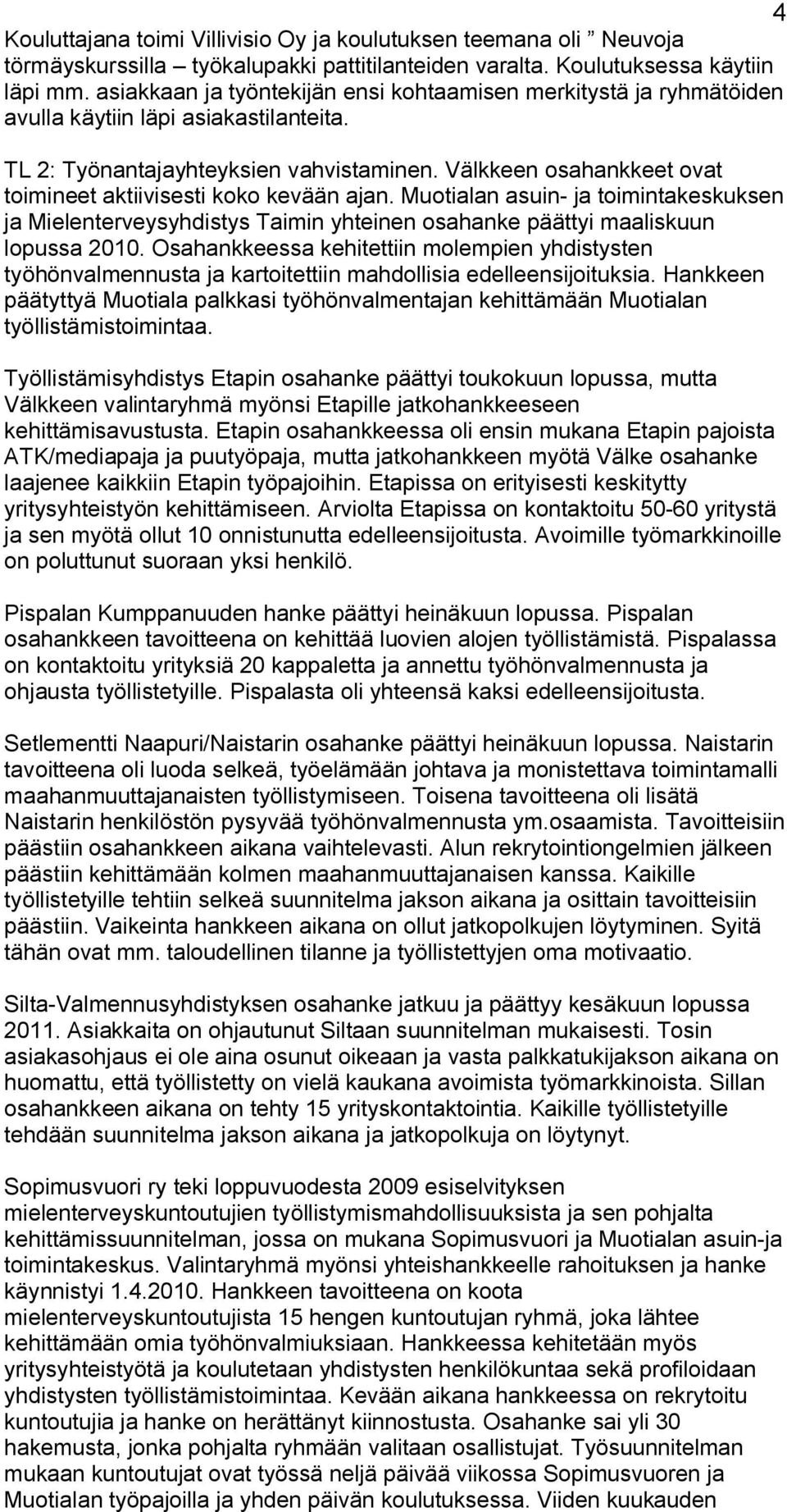 Välkkeen osahankkeet ovat toimineet aktiivisesti koko kevään ajan. Muotialan asuin ja toimintakeskuksen ja Mielenterveysyhdistys Taimin yhteinen osahanke päättyi maaliskuun lopussa 2010.