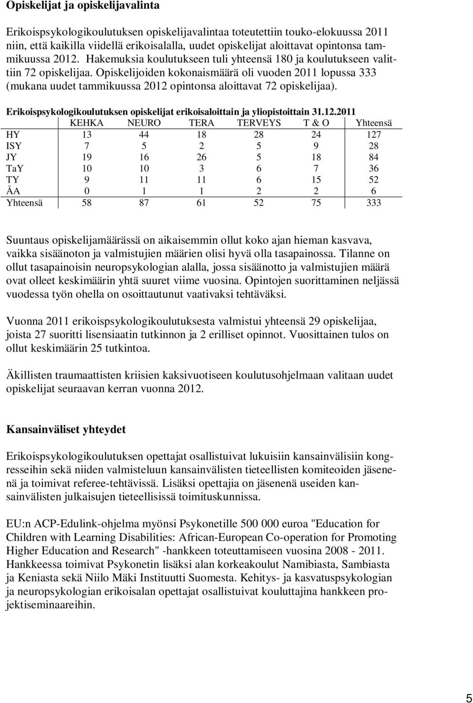 Opiskelijoiden kokonaismäärä oli vuoden 2011 lopussa 333 (mukana uudet tammikuussa 2012 opintonsa aloittavat 72 opiskelijaa).