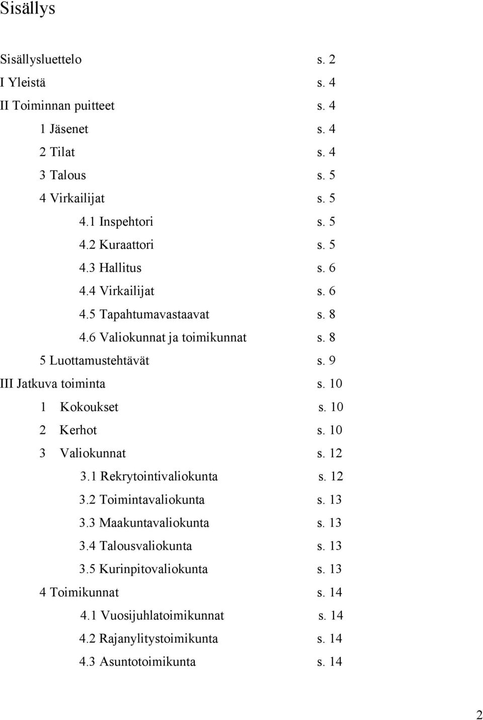 10 1 Kokoukset s. 10 2 Kerhot s. 10 3 Valiokunnat s. 12 3.1 Rekrytointivaliokunta s. 12 3.2 Toimintavaliokunta s. 13 3.3 Maakuntavaliokunta s. 13 3.4 Talousvaliokunta s.