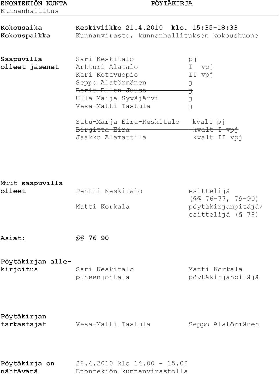 Juuso j Ulla-Maija Syväjärvi j Vesa-Matti Tastula j Satu-Marja Eira-Keskitalo Birgitta Eira Jaakko Alamattila kvalt pj kvalt I vpj kvalt II vpj Muut saapuvilla olleet Pentti Keskitalo