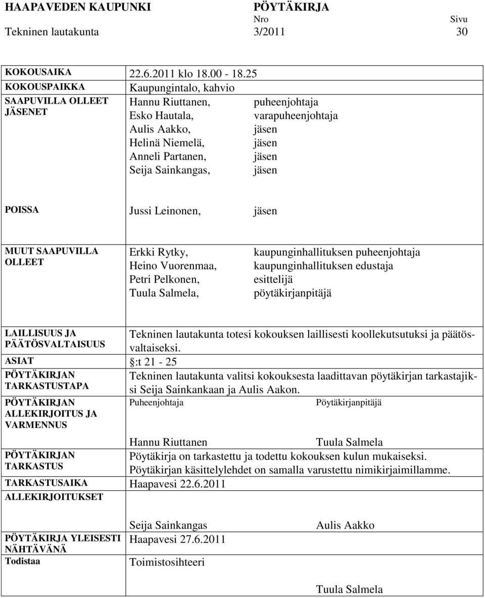 jäsen jäsen jäsen POISSA Jussi Leinonen, jäsen MUUT SAAPUVILLA OLLEET Erkki Rytky, Heino Vuorenmaa, Petri Pelkonen, Tuula Salmela, kaupunginhallituksen puheenjohtaja kaupunginhallituksen edustaja