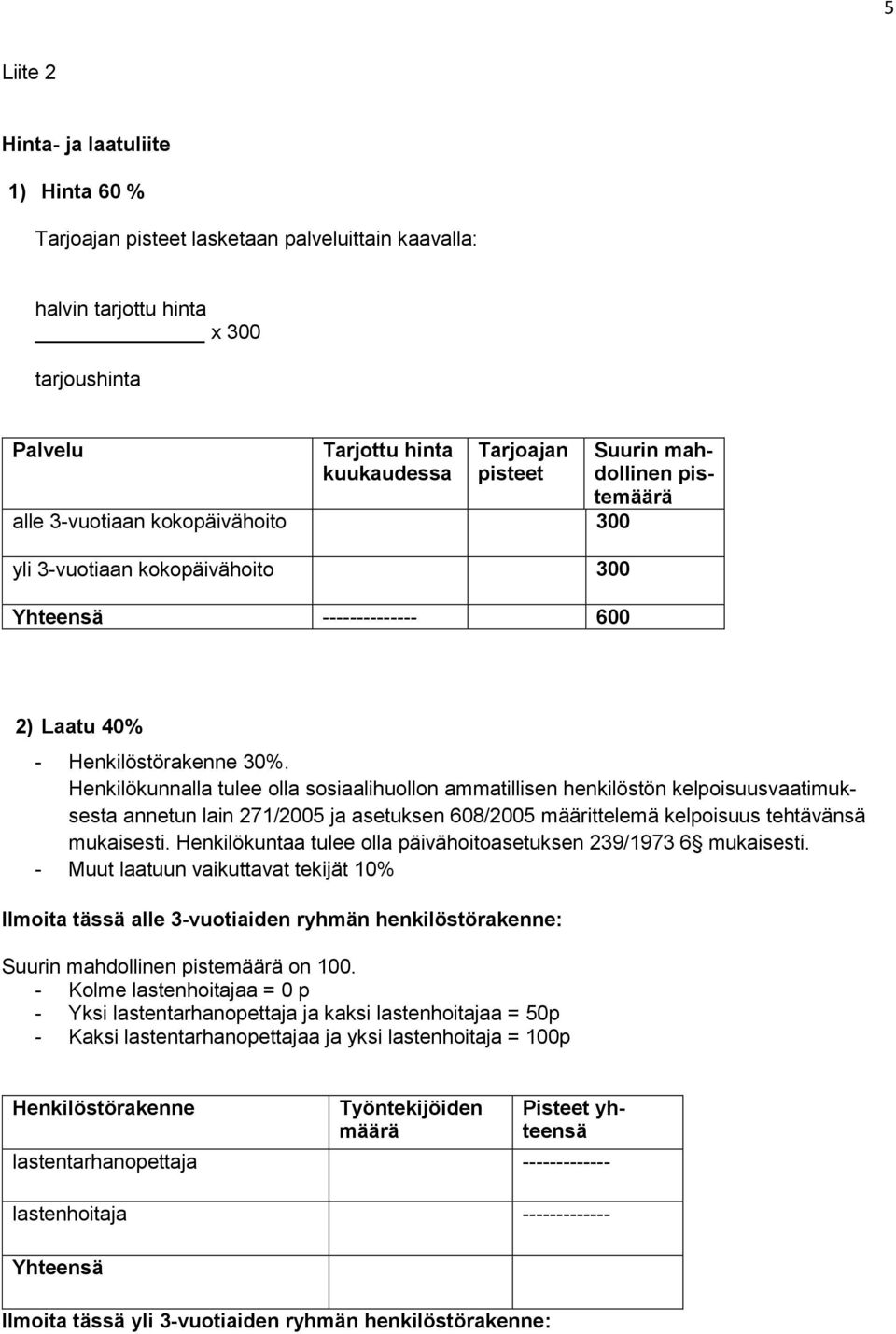 Henkilökunnalla tulee olla sosiaalihuollon ammatillisen henkilöstön kelpoisuusvaatimuksesta annetun lain 271/2005 ja asetuksen 608/2005 määrittelemä kelpoisuus tehtävänsä mukaisesti.