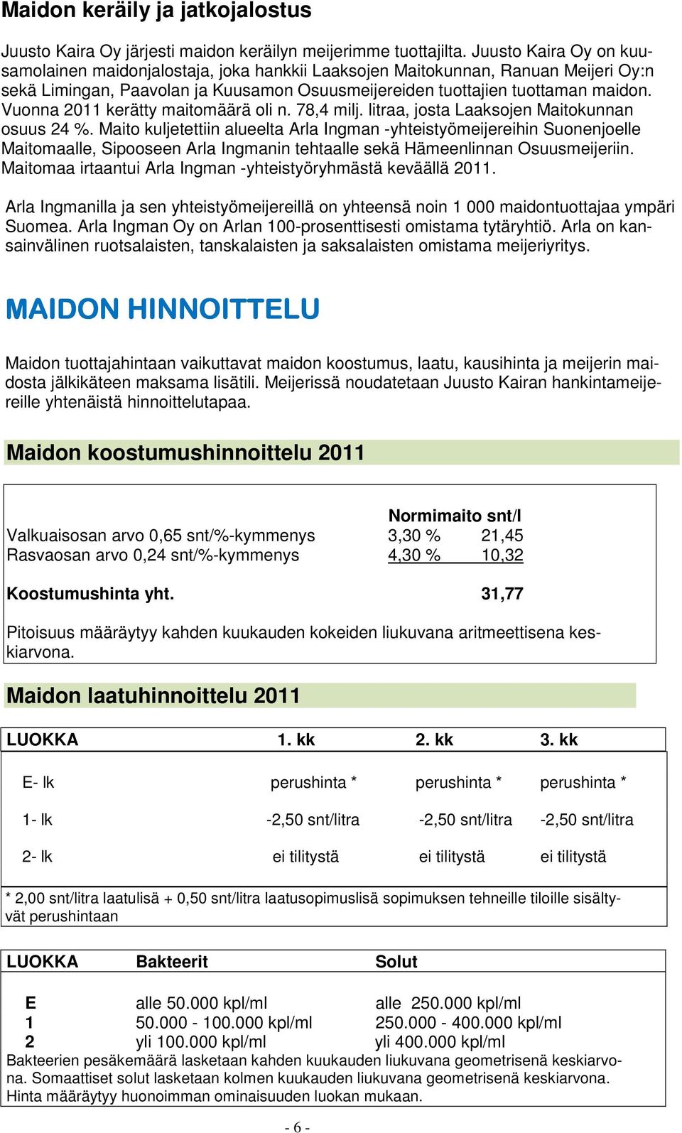 Vuonna 2011 kerätty maitomäärä oli n. 78,4 milj. litraa, josta Laaksojen Maitokunnan osuus 24 %.