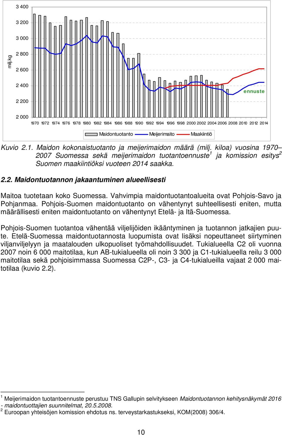 Kuvio 2.1. Maidon kokonaistuotanto ja meijerimaidon määrä (milj. kiloa) vuosina 1970 2007 Suomessa sekä meijerimaidon tuotantoennuste 1 ja komission esitys 2 Suomen maakiintiöksi vuoteen 2014 saakka.