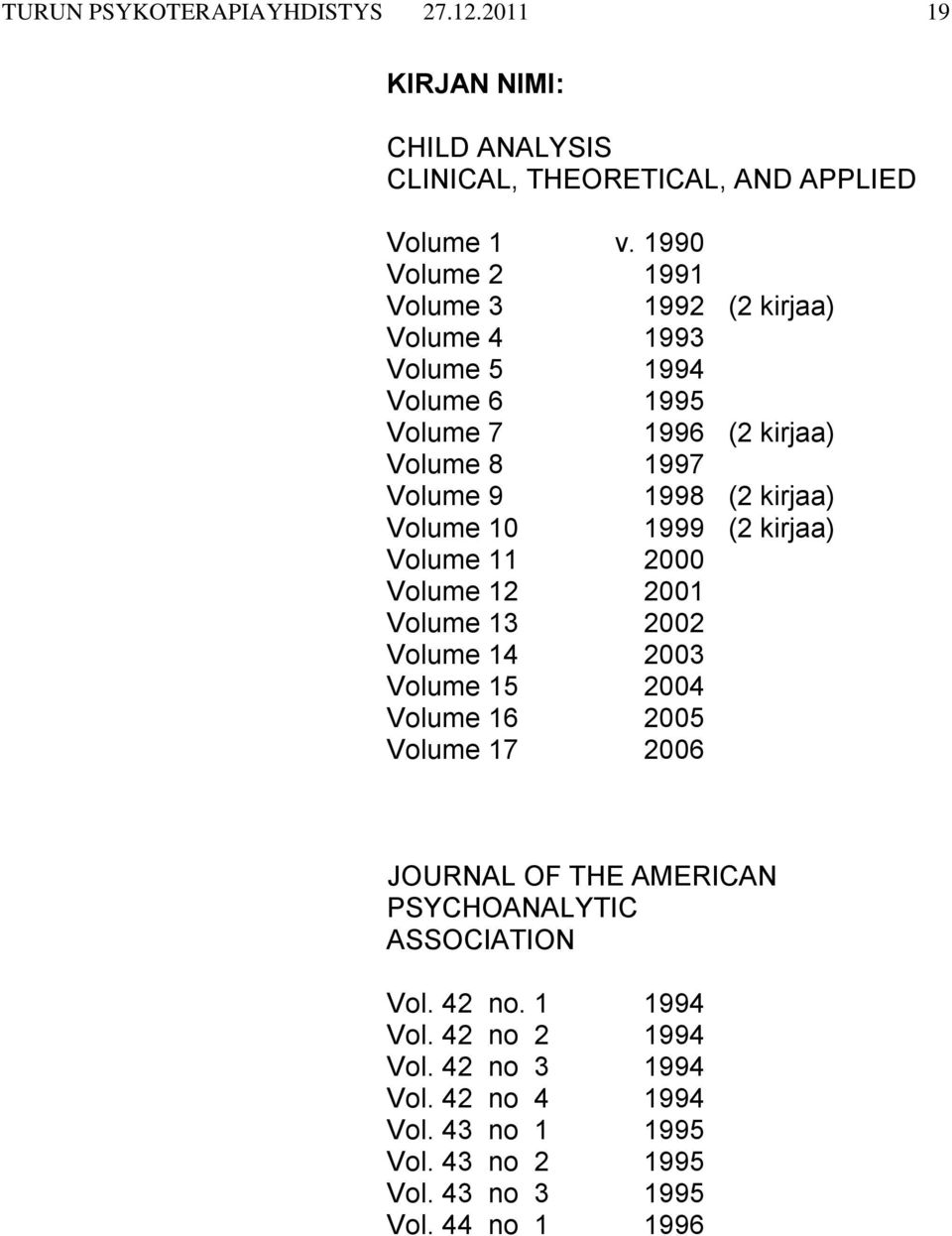 kirjaa) Volume 10 1999 (2 kirjaa) Volume 11 2000 Volume 12 2001 Volume 13 2002 Volume 14 2003 Volume 15 2004 Volume 16 2005 Volume 17 2006 JOURNAL