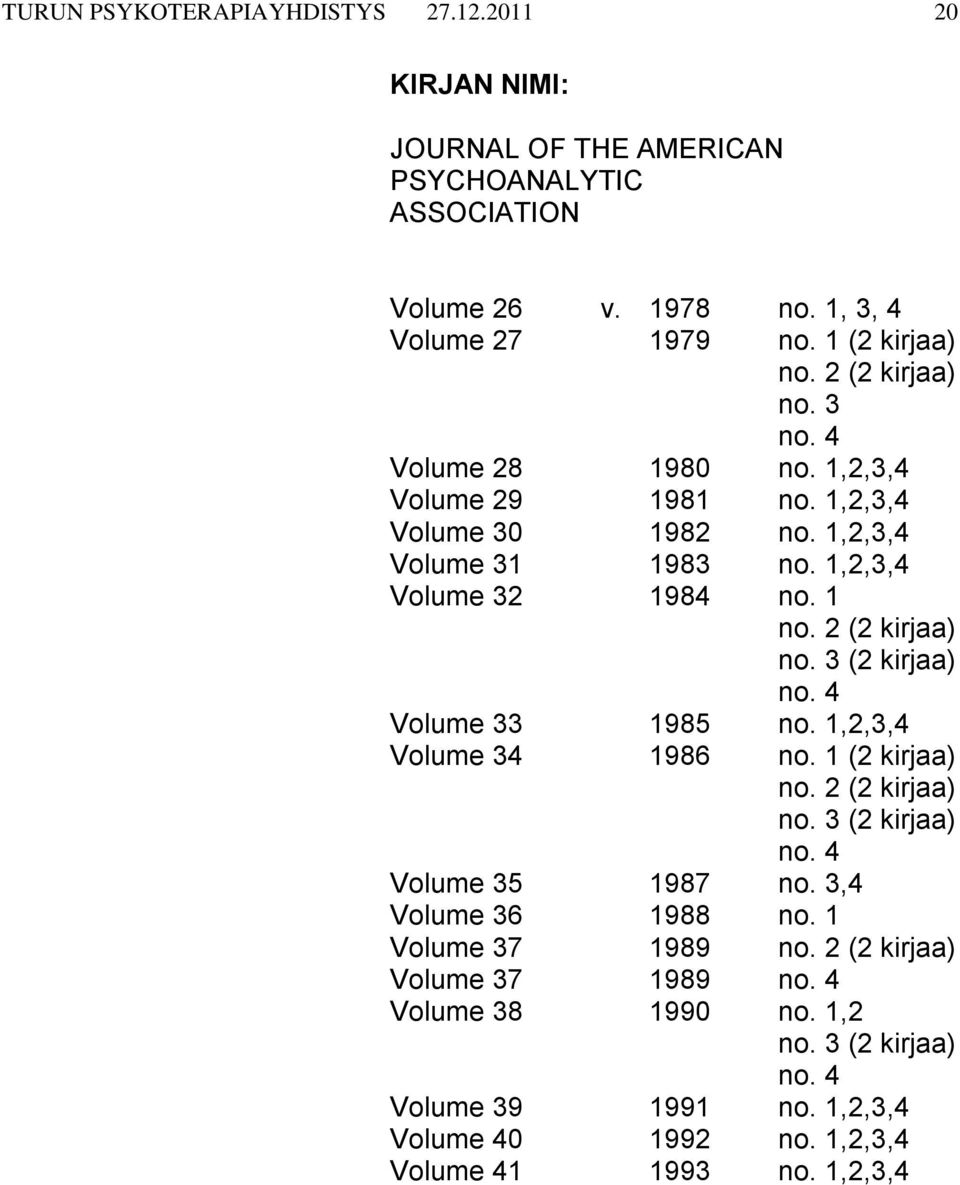 2 (2 kirjaa) no. 3 (2 kirjaa) no. 4 Volume 33 1985 no. 1,2,3,4 Volume 34 1986 no. 1 (2 kirjaa) no. 2 (2 kirjaa) no. 3 (2 kirjaa) no. 4 Volume 35 1987 no.